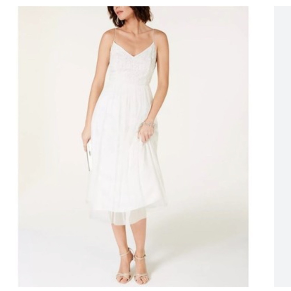 NEW Adrianna Papell White Beaded Strap Midi Dress Size 6 Tulle